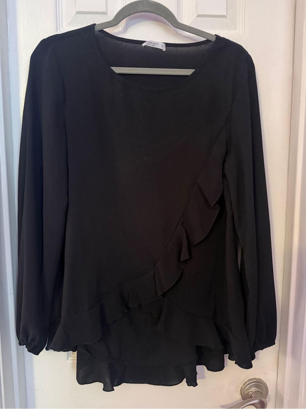 Laqeyko Black Long-Sleeve Ruffle Wrap-Style Blouse
